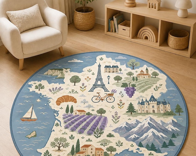 Round France Map Rug, Paris Lavender Theme, Kids Room, Digital Print Playroom Floor Decor