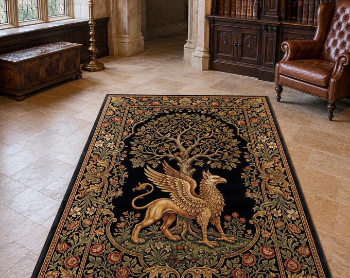 Medieval Griffin Tree of Life Rug – 3D Digital Print Tapestry Carpet