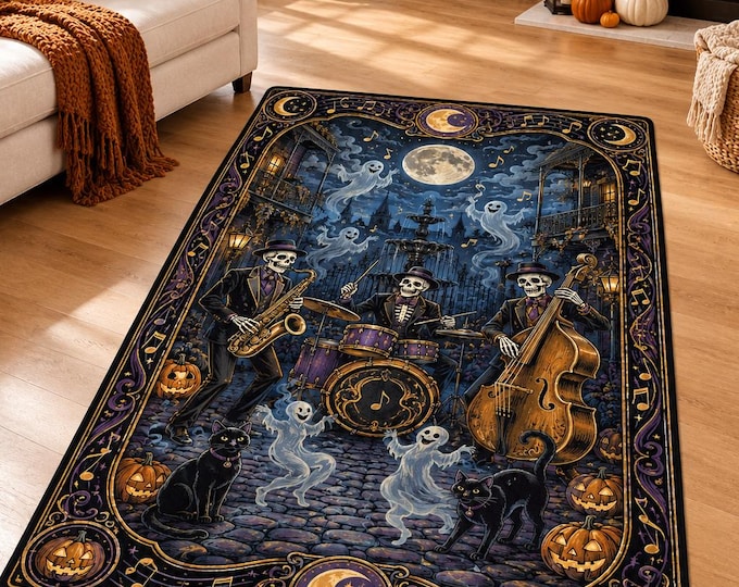 Skeleton Jazz Rug, Gothic Halloween Decor, Musician Carpet, Moonlit Haunted Living Room Floor Art