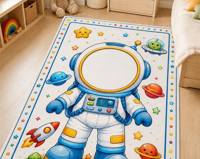 Space Adventure Astronaut Rug – Kids Room Microfiber Carpet, Non-Slip Base