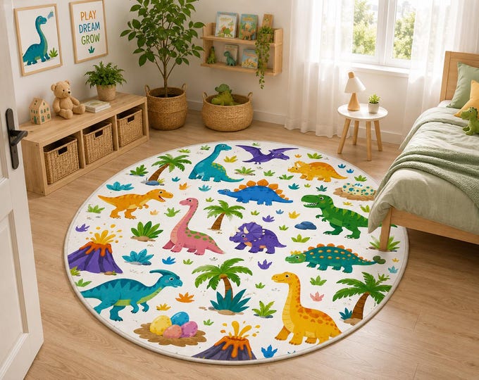 RoundDinoRug,DinoNurseryRug,KidsPlayRug,,KidsRoomRug,NurseryDecor,PrehistoricRug,Dino Area Rug,ToddlerRug,BabyRoomRug,CircleKidsRug