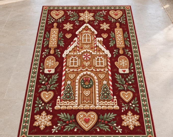 Gingerbread Mansion Christmas Rug with Cookie Baking Motifs, Digitally Printed Festive Living Room Decor
