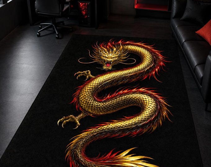 Dragon Area Rug, Black Gold Chinese Dragon Carpet, Fantasy Gaming Room, Gothic Home Decor