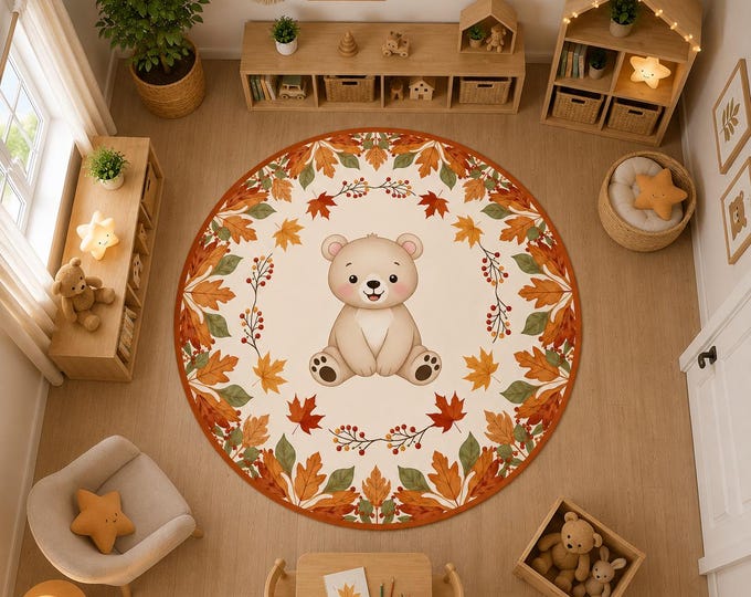 Round Bear Autumn Leaves Rug, Woodland Nursery Decor, Boho Baby Play Mat