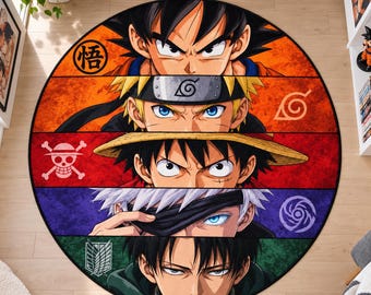 Round Anime Rug, Five Character Portraits, Digitally Printed Carpet, Gaming Room Decor, Manga Gift