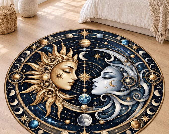 Sun Moon Round Rug, Washable Round Area Carpet, Colorful Printed Floor Decor for Home and Bedroom