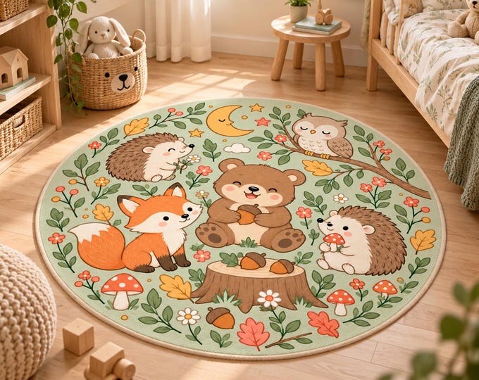 Woodland Nursery Rug, Round Kids Rug, Forest Animal Rug, Montessori Nursery Decor, Playroom Rug, Fox Bear Owl Carpet