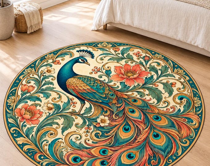 Peacock Floral Rug, Washable Round Area Carpet, Colorful Printed Floor Decor for Home and Bedroom