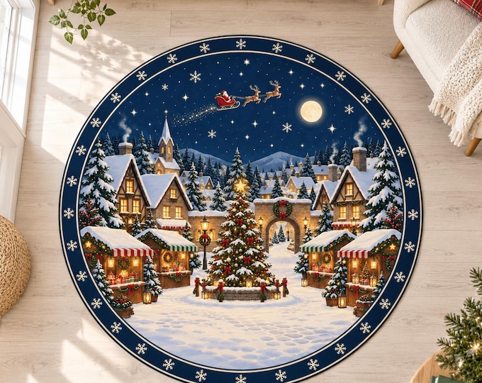 Round Christmas Rug, Santa Sleigh Scene, Snowy Village Carpet, Blue Holiday Decor, Winter Wonderland