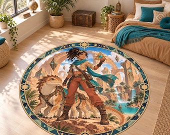 Dragon Guardian Rug, Washable Round Rug, Red Decor for Teen Bedroom and Game Room