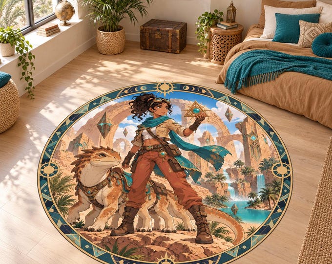 Dragon Guardian Rug, Washable Round Rug, Red Decor for Teen Bedroom and Game Room