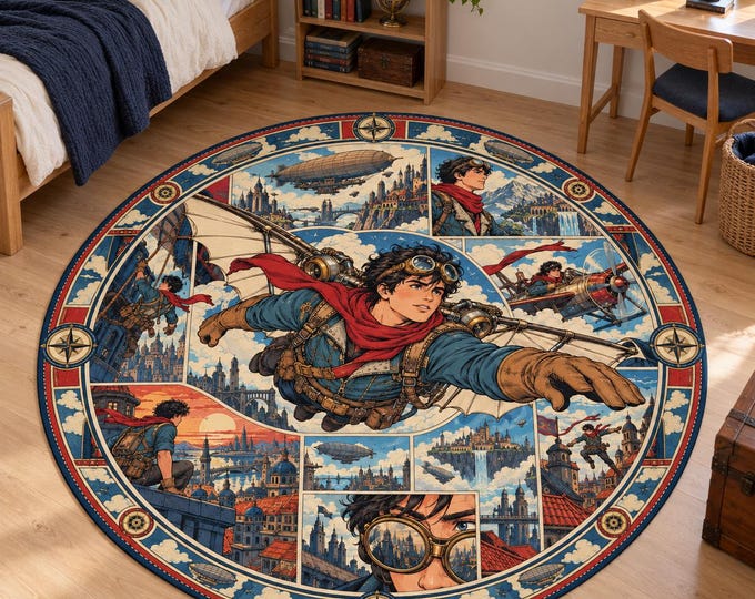 Aviation Round Rug, Vintage Comic Art, Steampunk Pilot Design, Adventure Decor for Teen Bedroom