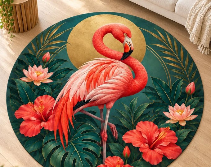 Flamingo Floral Rug, Washable Round Area Carpet, Colorful Printed Floor Decor for Home and Bedroom