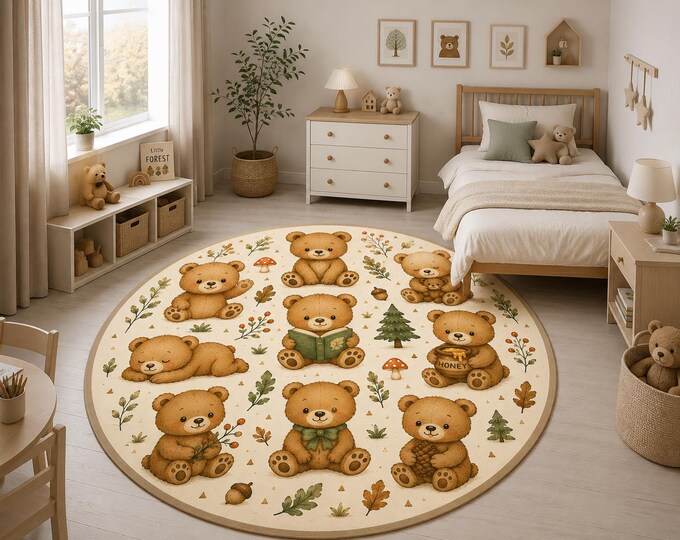 Round Teddy Bear Woodland Nursery Rug, Neutral Baby Play Mat