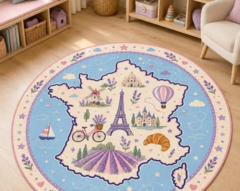 France Map Rug,Round Kids Carpet,Eiffel Tower Decor,Montessori Nursery,Paris Playroom