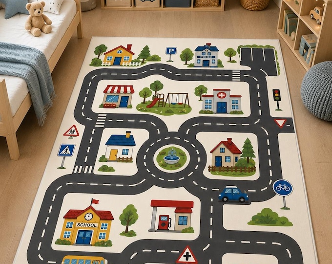 Kids City Road Rug, Washable Play Mat, Educational Traffic Carpet for Toddler Bedroom Nursery