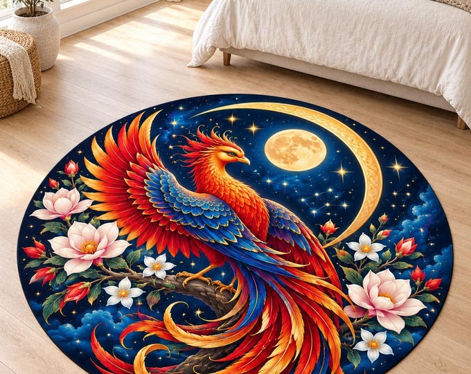 Phoenix Lotus Rug, Washable Round Area Carpet, Colorful Printed Floor Decor for Home and Bedroom