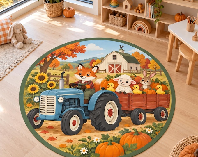 Pumpkin Tractor Rug, Round Autumn Nursery Carpet, Washable Farm Decor