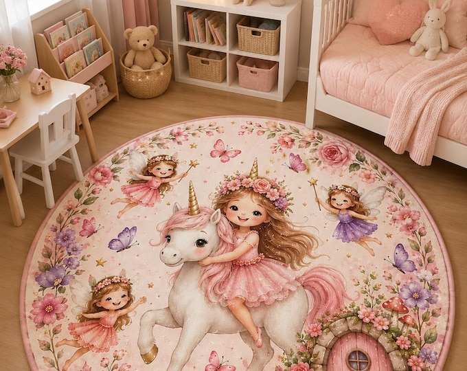 Unicorn Fairy Rug,Round Kids Carpet,Pink Floral Nursery,Princess Playroom,Magical Bedroom Decor