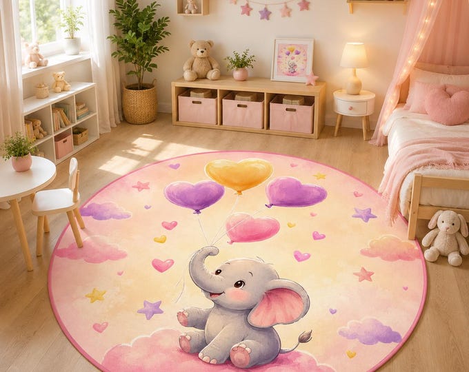 Round, Elephant, Nursery, Rug, Baby, Room, Decor, Kids, Playroom, Balloon, Digital, Print, Carpet, Gift