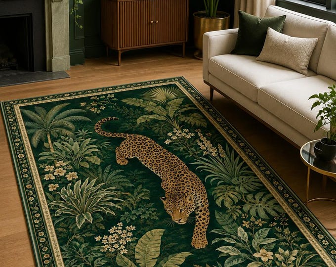 Leopard Jungle Rug,Botanical Carpet,Tropical Decor,Green Living Room,Wildlife Floor Mat