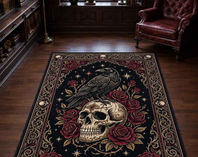 Gothic Skull Raven Roses Area Rug – Dark Academia Victorian Home Decor