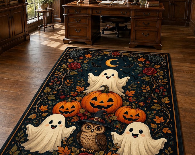 Owl Halloween Rug, Cute Ghost Pumpkin Rose Carpet for Cottage Bedroom Autumn Decor Gift