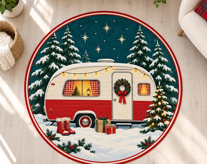 Christmas Camper Rug, Round Teal Digital Print with Retro Trailer for Festive Living Rooms