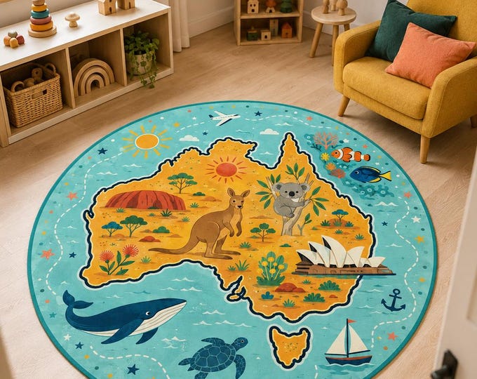 Australia Map Rug, Round Printed Carpet for Nursery, Kids Playroom Decor with Australian Animals