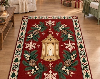 Red Christmas Rug, Candle Lantern and Pinecone Pattern, Digitally Printed Festive Living Room Decor
