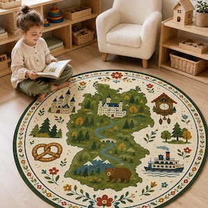 May include: A round area rug featuring a map of Germany in green, decorated with illustrations of castles, a cuckoo clock, a pretzel, a river, a bear, and mountains. The border is dark green with a floral pattern on a cream-colored background.