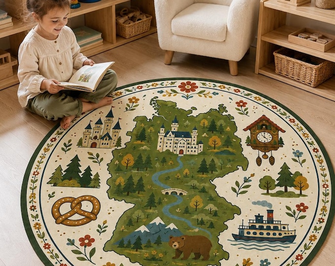 Germany Map Round Rug, Educational Kids Carpet, Forest Castle Nursery Decor (Microfiber)