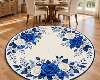 Blue White Rose Wreath Round Rug, Digital Print, Living Room Decor, Decorative Floor Accent