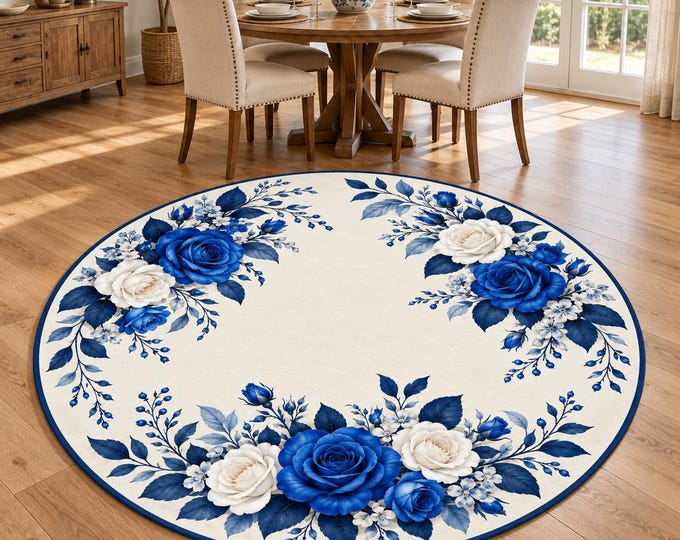 Blue White Rose Wreath Round Rug, Digital Print, Living Room Decor, Decorative Floor Accent