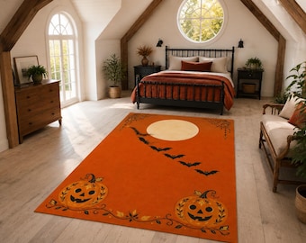 Orange Bat Rug, Minimal Moon Pumpkin Carpet for Entryway Halloween Modern Autumn Home Decor