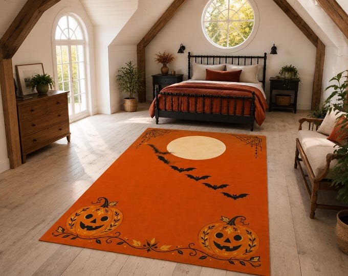 Orange Bat Rug, Minimal Moon Pumpkin Carpet for Entryway Halloween Modern Autumn Home Decor