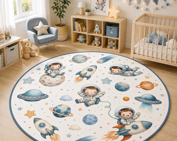 Astronaut Rug, Round Space Nursery Carpet with Rockets, Planets and Stars, Kids Playroom Decor