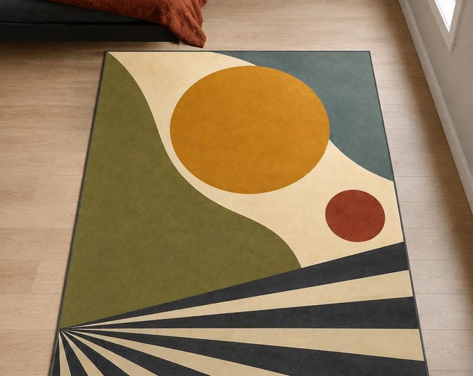 Bauhaus Sun Ray Rug, Geometric Art Deco Carpet, Retro Living Room Decor
