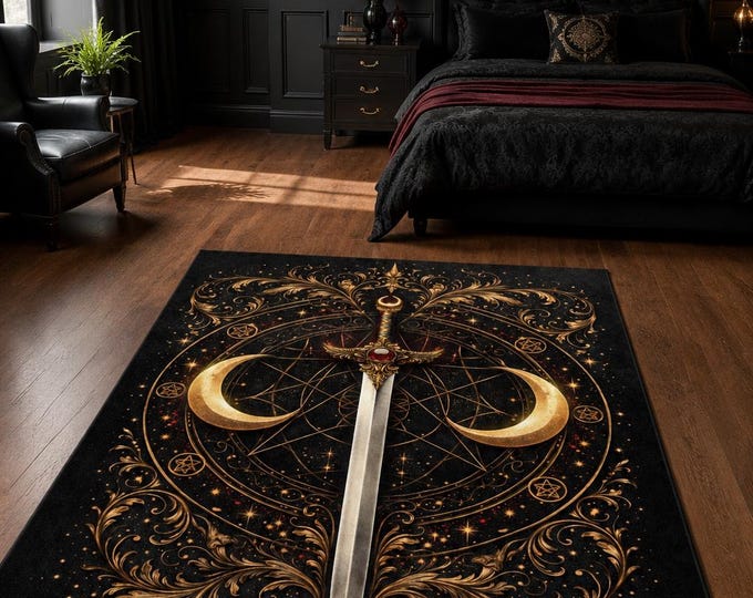 Mystical Sword Crescent Moon Rug – Gothic Celestial Occult Black Gold Carpet