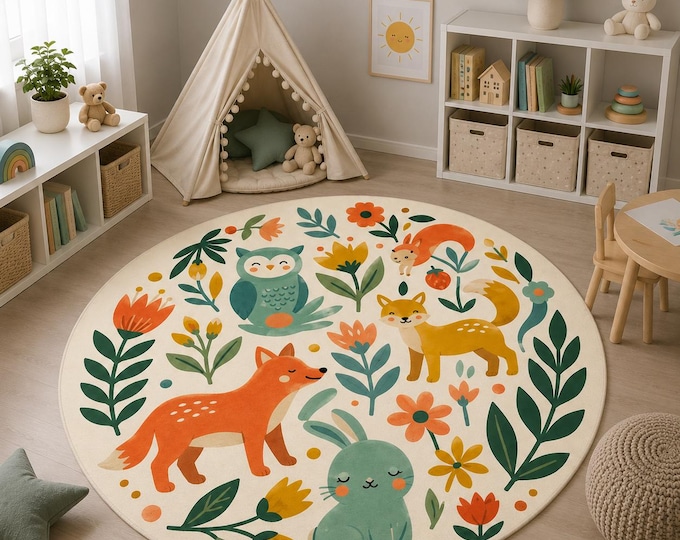 Woodland Animal Round Nursery Rug, Forest Playroom Carpet, Fox Bunny Owl Decor