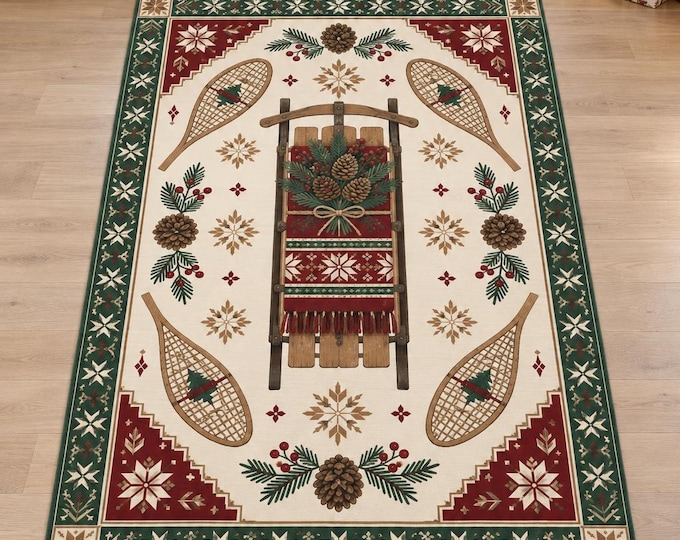 Vintage Sled Christmas Rug with Wooden Snowshoe Details, Digitally Printed Festive Living Room Decor