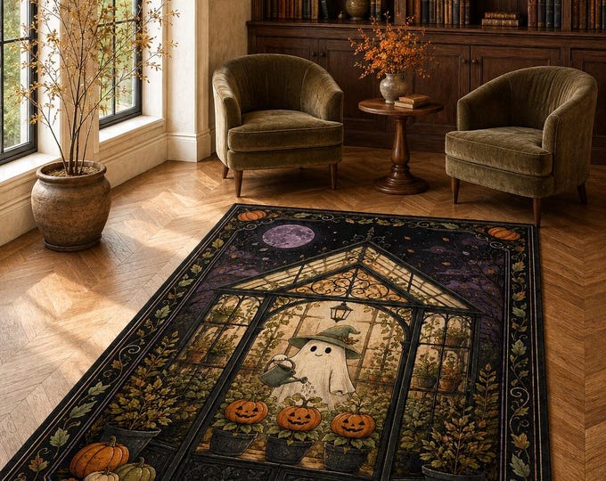 Ghost Garden Rug, Witch Greenhouse Pumpkin Carpet for Cottage Bedroom Halloween Botanical Decor Gift
