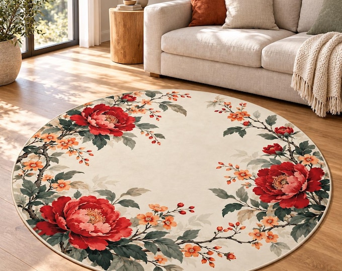 Red Roses Cream Background Round Rug, Digital Print, Living Room Decor, Decorative Floor Accent