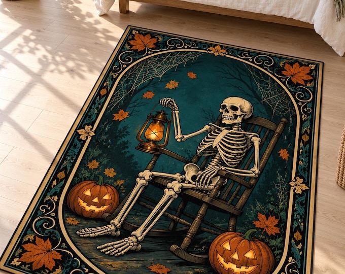 Vintage Skeleton Rug, Teal Halloween Decor, Lantern Pumpkin Carpet, Gothic Living Room Floor Art