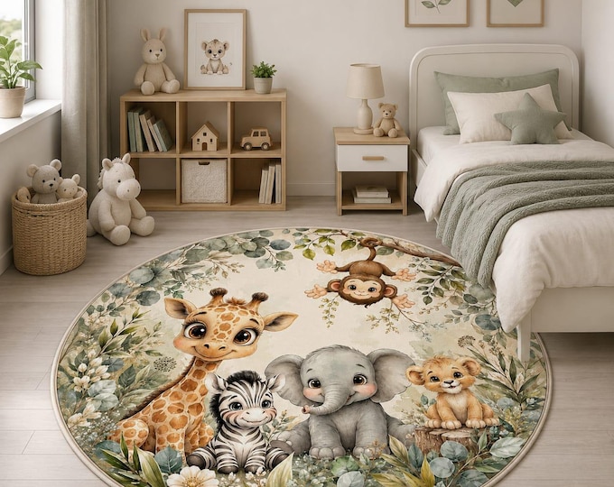 Safari Nursery Rug, Baby Animals, Neutral Jungle Boho Kids Playroom Carpet