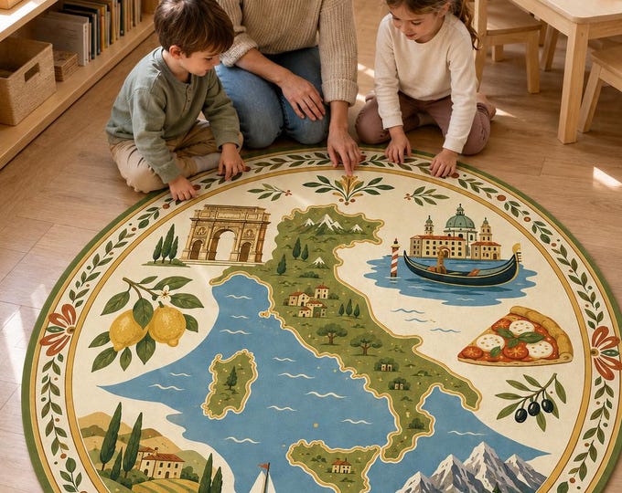 Italy Map Rug, Round Printed Carpet, Italian Decor for Kids Playroom and Reading Nook