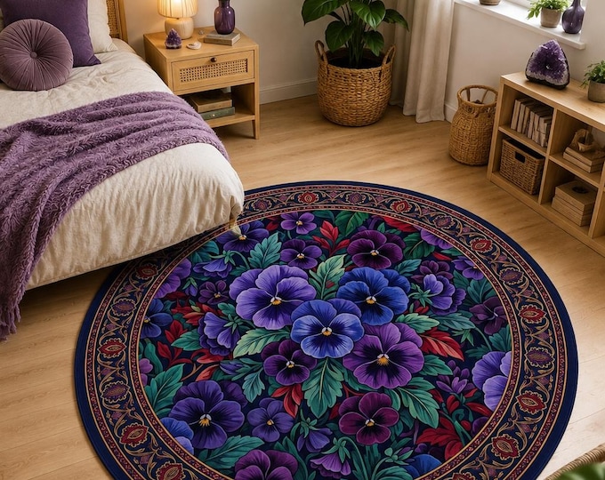 Round Floral Rug: Microfiber Polyester, Non-Slip Base, Botanical Boho Area Rug