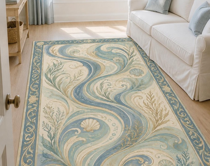 Coastal Wave Area Rug: 3D Printed Microfiber Polyester, Non-Slip Base (40x60cm)