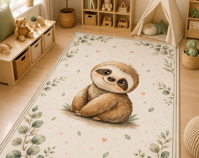 Sloth Botanical Nursery Rug, Woodland Playroom Carpet, Neutral Kids Room