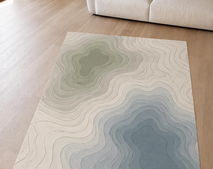 Modern Topographic Area Rug, Sage Blue Cream Landscape Floor Decor